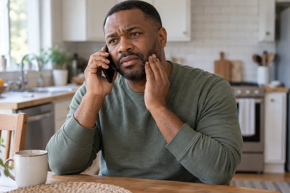Man holds a phone to his ear and touches his sore jaw while seated at a kitchen table.