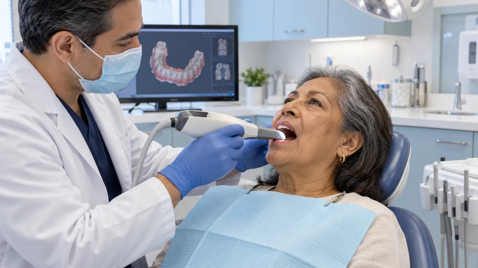 Dentist reviews a dental scan while planning a possible implant for a long-standing missing tooth.